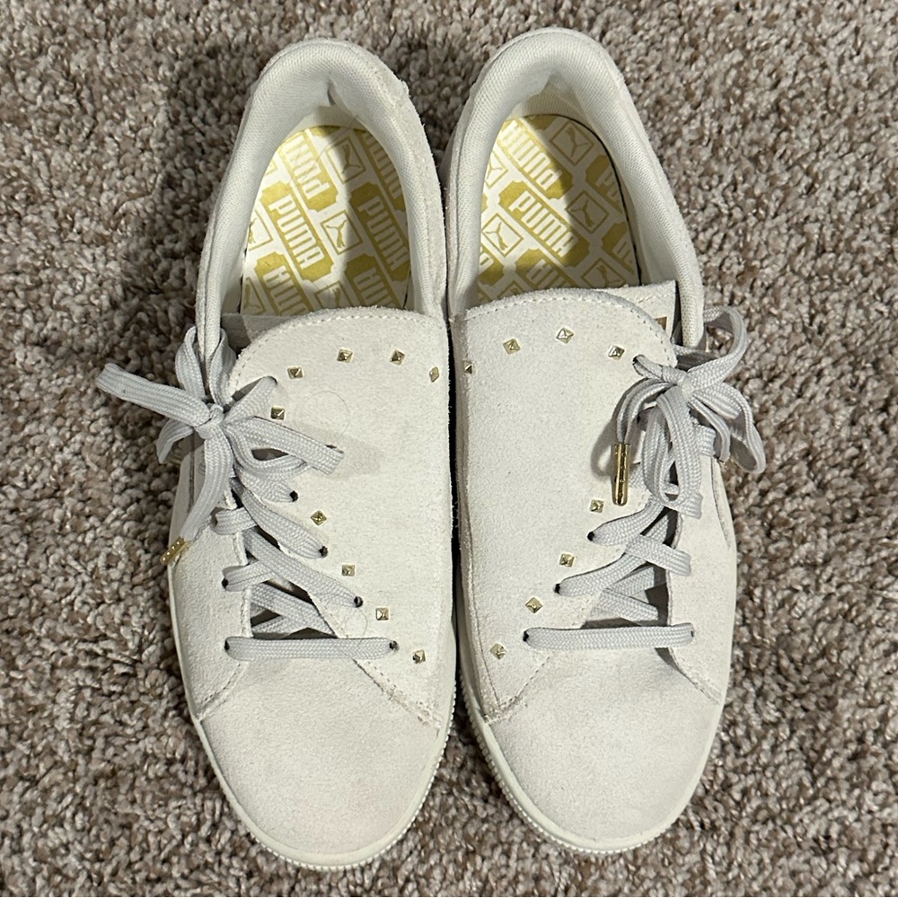 Puma Women's Cream Suede Sneakers with Gold Accents